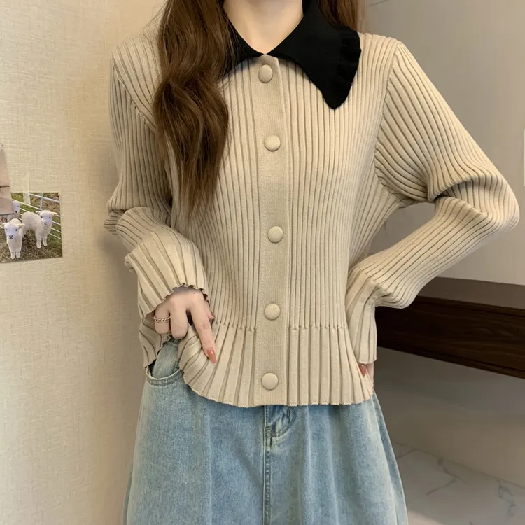 大码木耳边polo翻领毛衣女2025秋季新款胖MM显瘦洋气百搭针织开衫