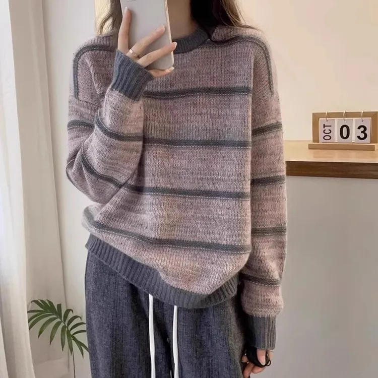 胖mm复古减龄条纹针织衫女秋季新款大码显瘦慵懒风软糯毛衣打底衫