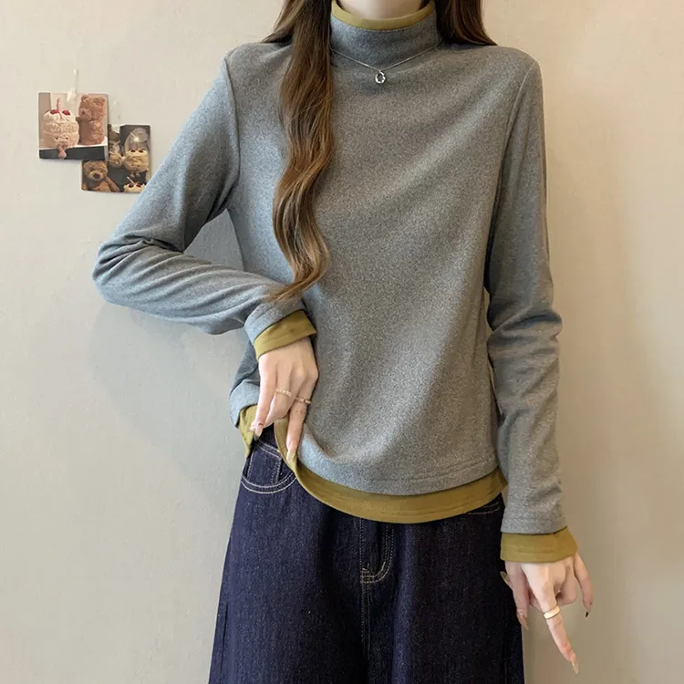 胖妹妹假两件半高领针织衫女2024冬季新款大码显瘦设计感打底毛衣