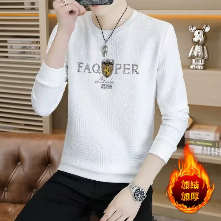 男士加绒加厚高档提花卫衣圆领百搭卫衣男时尚轻奢秋冬长袖男卫衣