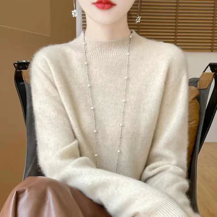 100%纯羊毛衫女士秋冬半高领百搭针织打底衫宽松纯色洋气羊绒毛衣