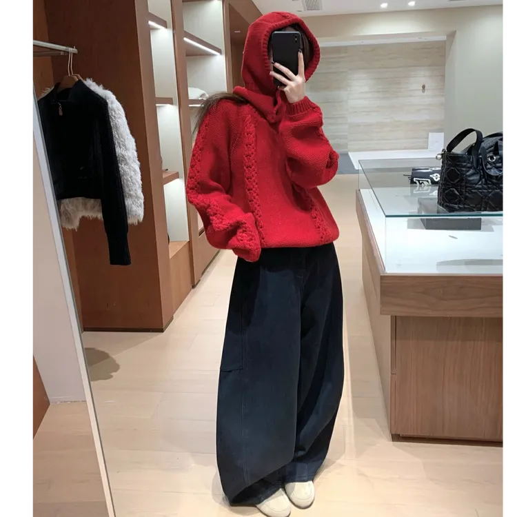 韩系套装女装冬保暖毛衣日常休闲百搭加绒弯刀裤牛仔裤套装25058