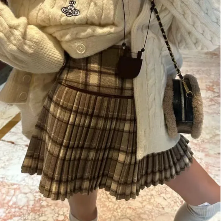 小蛮腰 超百搭高腰显瘦格子毛呢百褶短裙春季学院风半身裙短裙