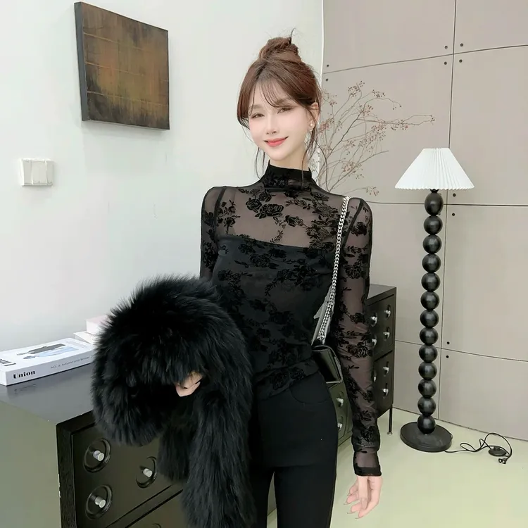 欧货半高领碎花蕾丝衫女2025秋冬性感微透长袖网纱打底衫内搭上衣