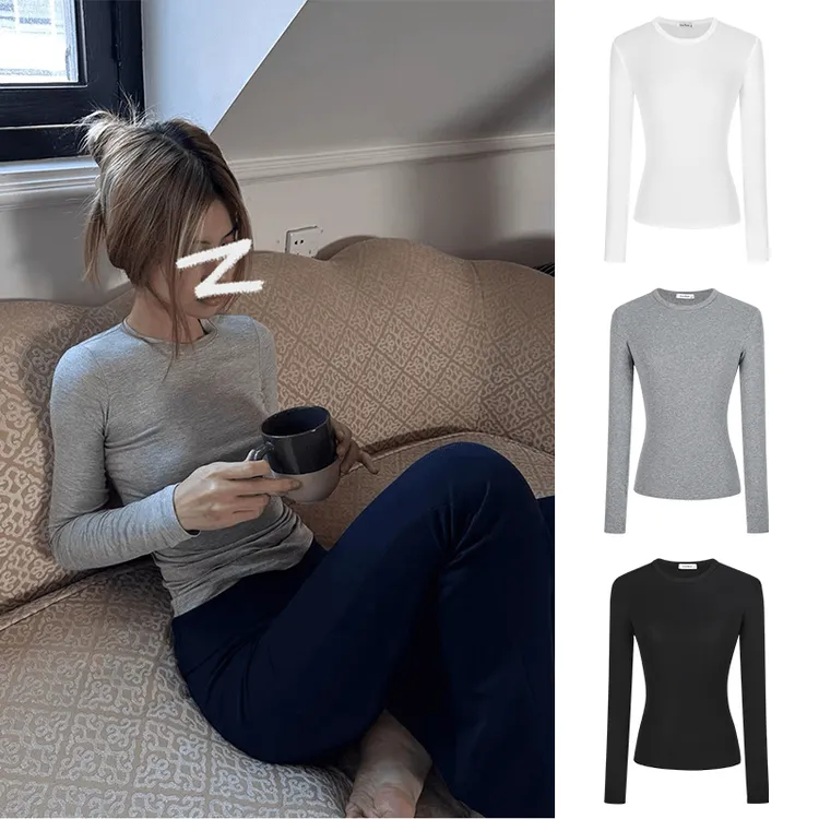 MosesQueen/魔西女王 慵懒感ins风长袖T恤女早秋修身显瘦圆领上衣