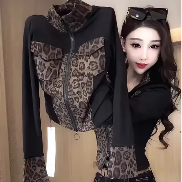立领拼接开衫双头拉链打底修身显瘦女装