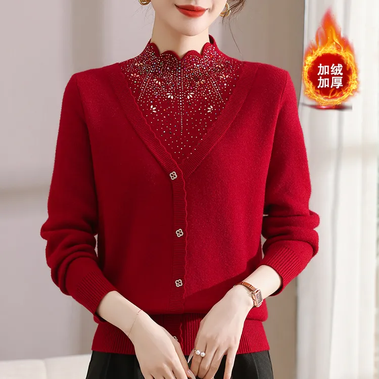 妈妈秋冬装加绒加厚毛衣洋气中老年女装一体绒气质保暖内搭打底衫