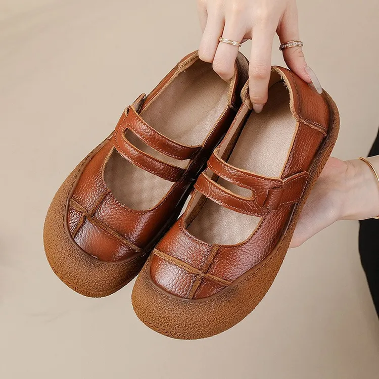 2024手工复古真皮女鞋软底防滑百搭牛皮浅口中老年妈妈单鞋皮鞋