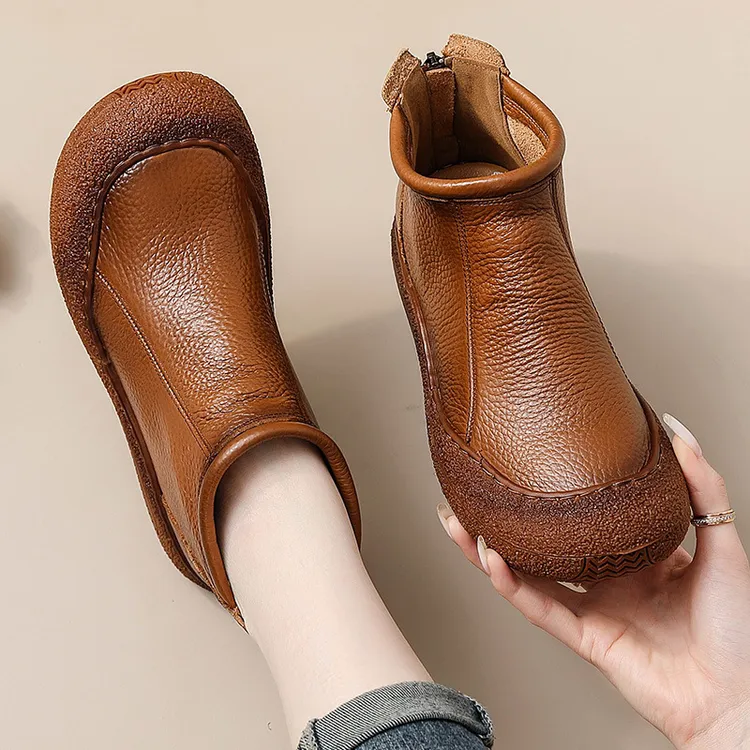 真皮加绒保暖羊毛短靴女鞋2024秋冬复古防滑软底鞋中老年妈妈皮靴