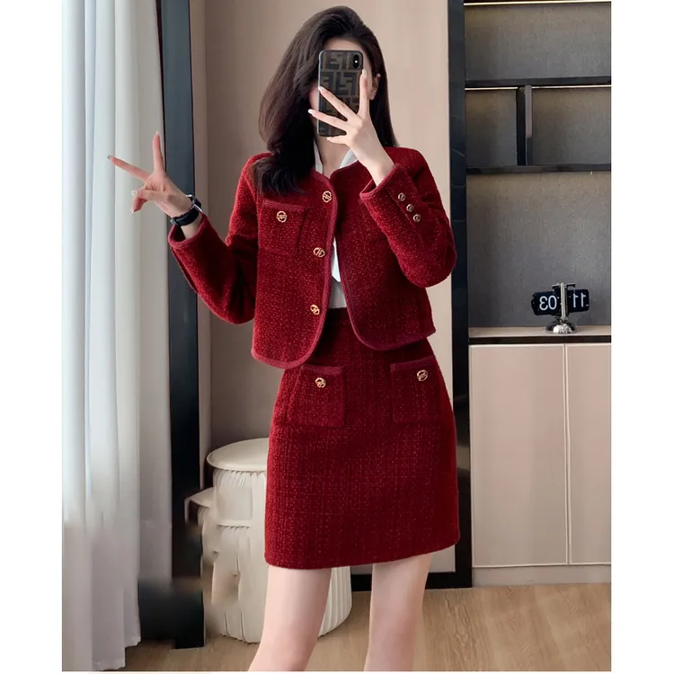 法式红色小香风时尚套装女秋冬新款洋气气质显瘦两件套