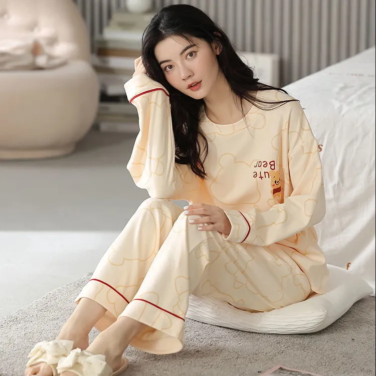 睡衣女春秋季长袖纯棉卡通可爱甜美100%全棉学生秋冬天家居服套装