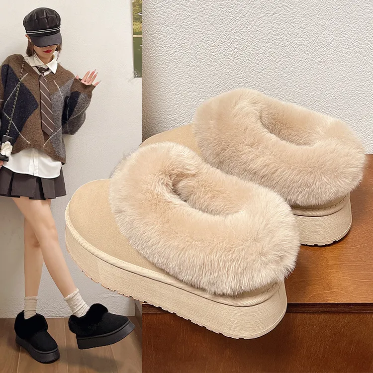 毛毛雪地靴女冬2024新款短筒松糕厚底棉鞋加绒加厚保暖面包鞋