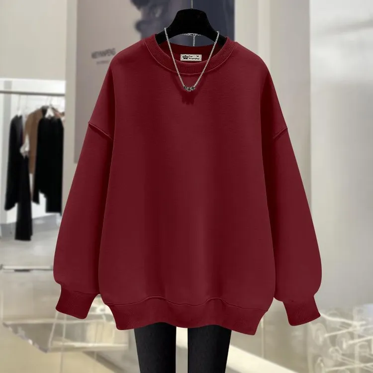 安哥拉红色加绒加厚卫衣女宽松2025春秋冬季新款纯色中长遮屁股潮