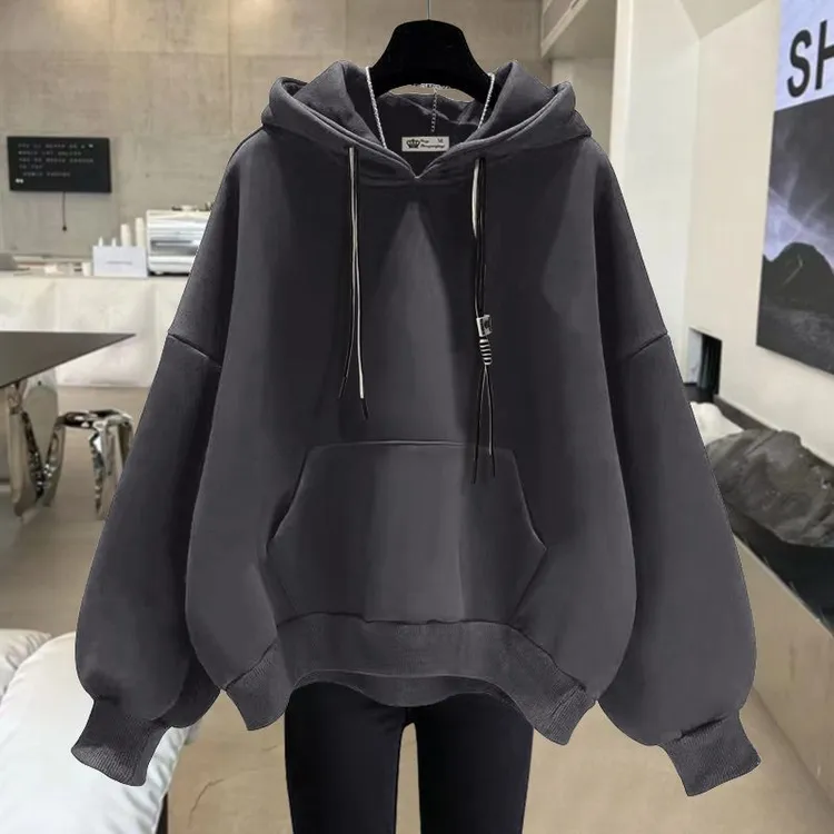 大码纯色连帽卫衣女2025春秋冬宽松有口袋加绒加厚中长款遮屁股潮