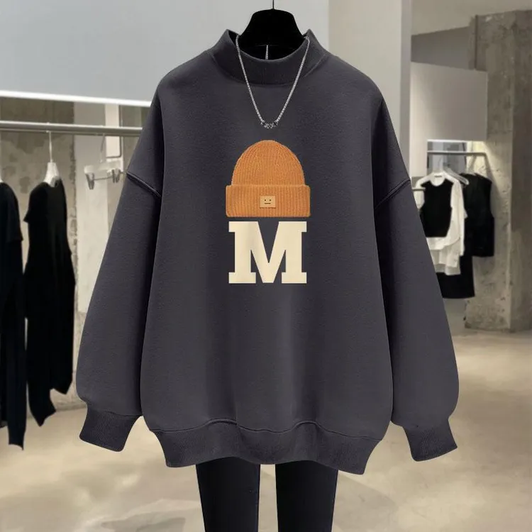 半高领加绒加厚卫衣女2025春秋冬新款美式字母印花宽松洋气中长款