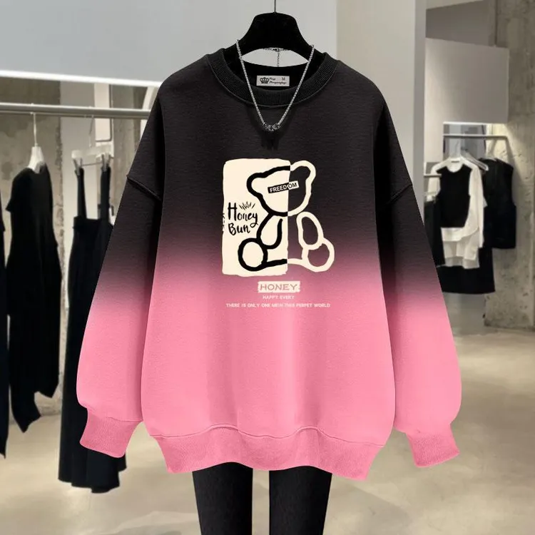 渐变色卫衣女加绒2025春秋冬新款加厚涂鸦小熊薄款宽松圆领中长款