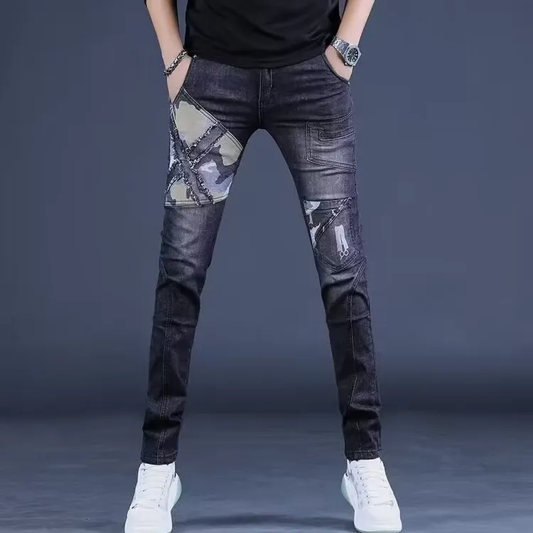 复古机车牛仔裤男2024新款潮牌韩版修身小脚裤男士百搭弹力长裤子