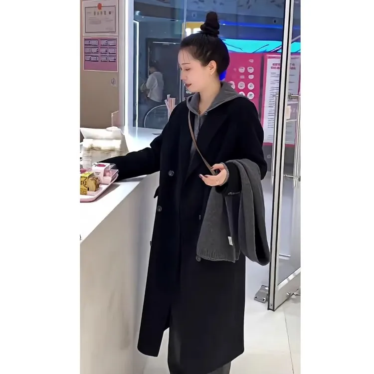 黑色双面羊绒大衣女长款2024秋冬季新款H型直筒阔版正肩呢子外套