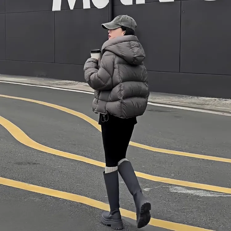 泡芙龟背灰色短款羽绒服女2025冬季新款90白鸭绒连帽面包服外套