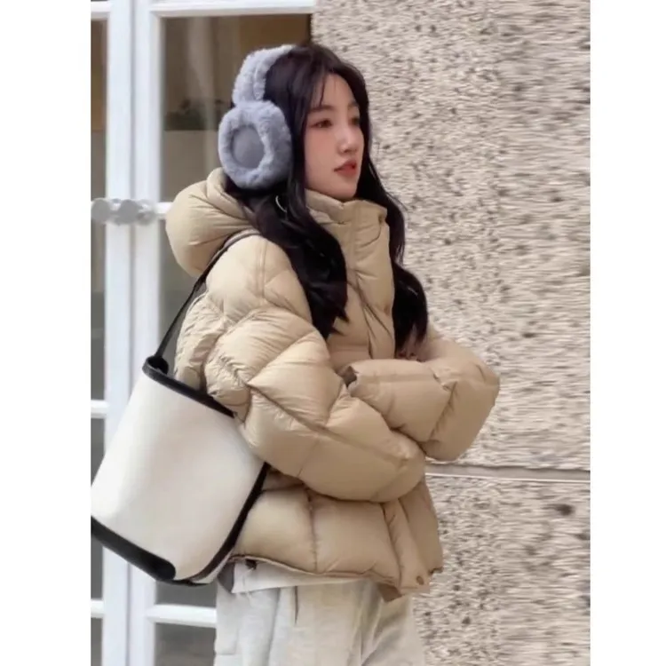 泡芙龟背奶茶色短款羽绒服女2025冬季新款90白鸭绒连帽面包服外套