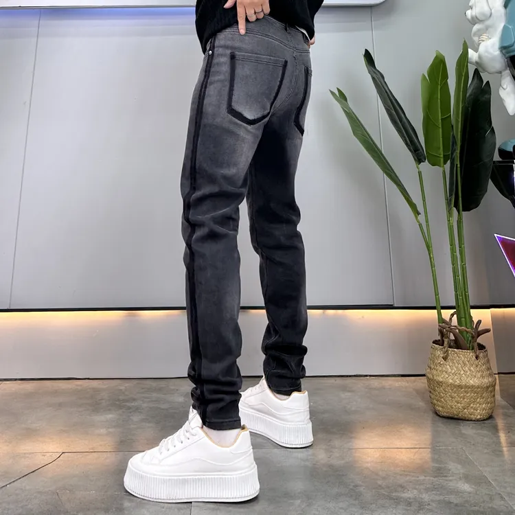 秋冬季烟灰色牛仔裤男修身小脚潮牌个性条纹扎染弹力休闲裤子