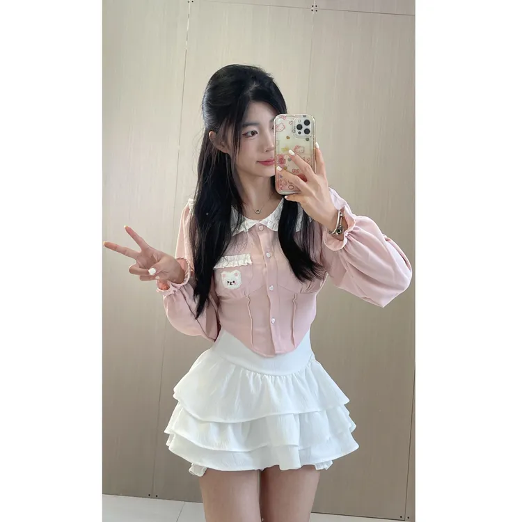2023年新款秋季衬衫娃娃领上衣高腰裤裙两件套装甜辣女