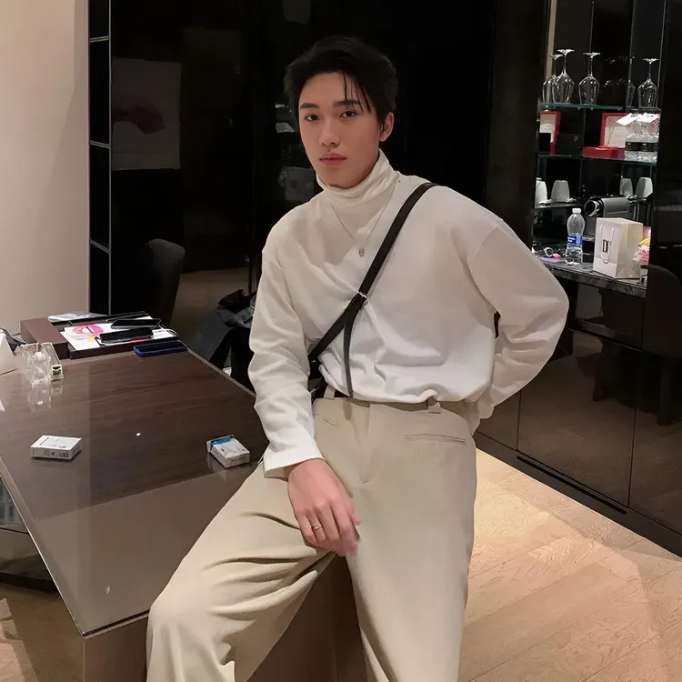 秋冬季韩版薄款抓绒堆堆领内搭打底衫男高领长袖T恤上衣2024新款