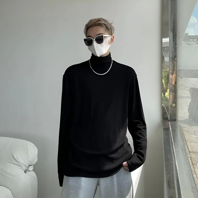 秋冬季个性百搭高领堆堆领长袖t恤男士ins潮纯色打底衫内搭体恤