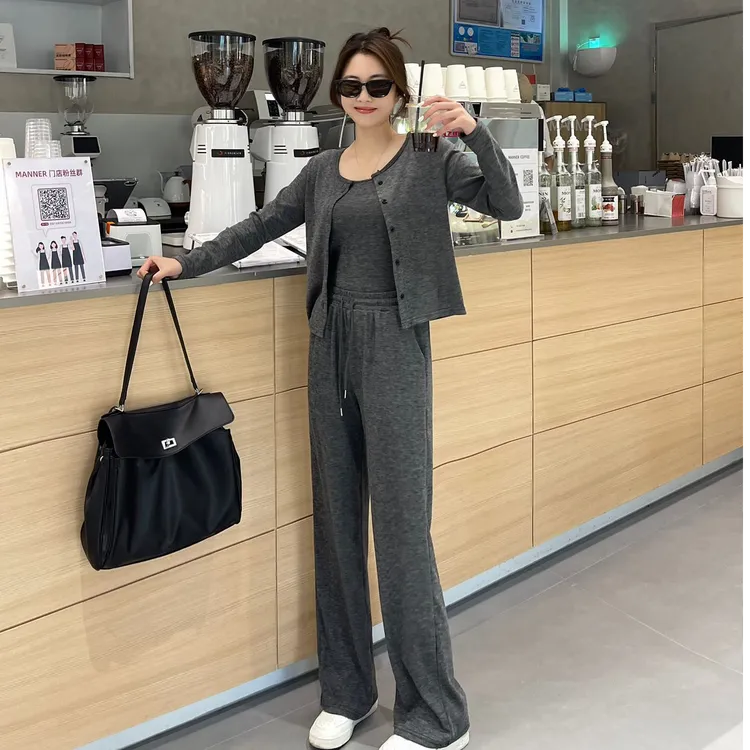 欧洲站长袖糯米套装开衫吊带阔腿裤运动休闲三件套秋冬新款2024