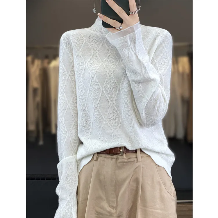 羊毛衫女百搭长袖针织气质上衣提花圆领套头打底蕾丝内搭镂空毛衣