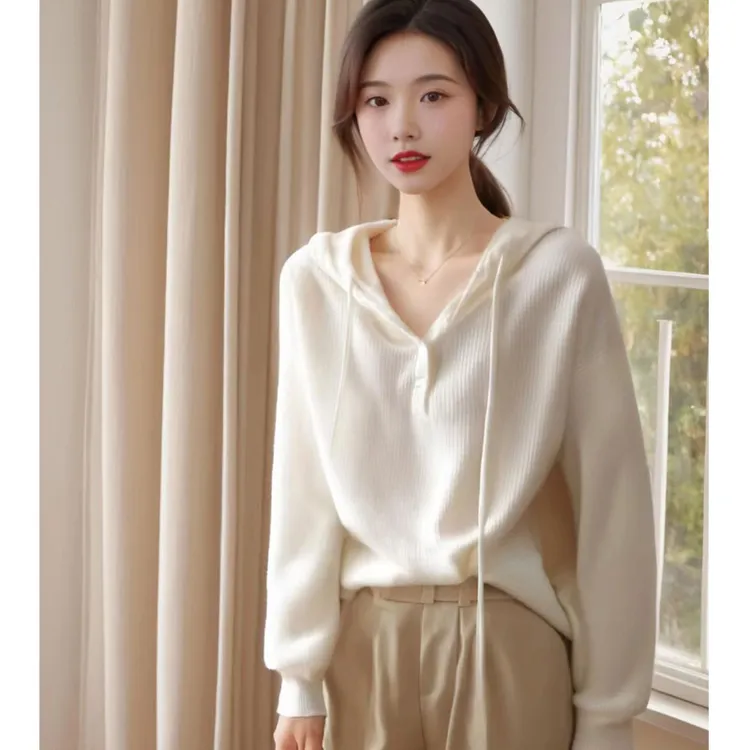 羊毛衫女网红休闲打底帽衫时尚百搭上衣宽松连帽纯色针织带帽毛衣