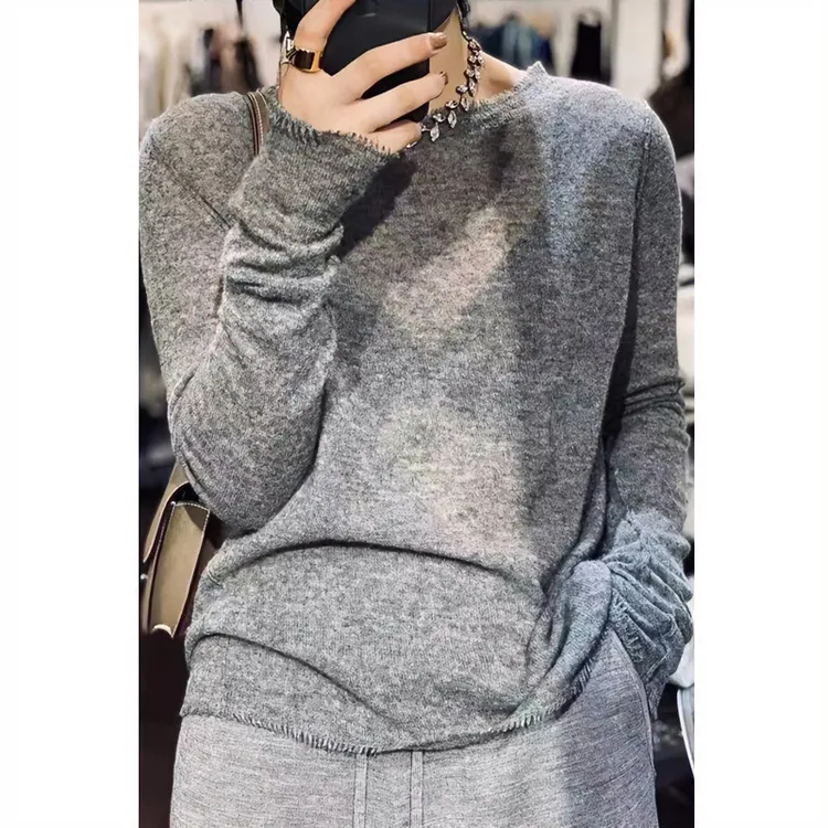 羊毛衫女圆领百搭宽松网红上衣长袖针织衫时尚打底衫套头薄款毛衣