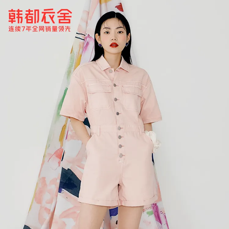 韩都衣舍衬衫领牛仔连体裤女夏季新款宽松高腰直筒连衣短裤UF0238