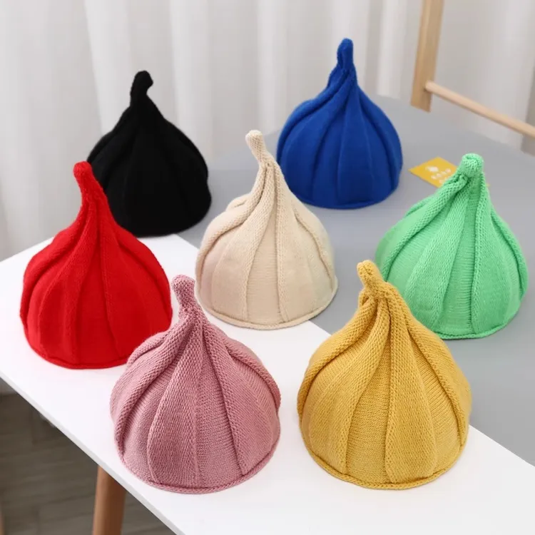 韩国秋季儿童毛线帽男女童时尚可爱针织帽尖尖帽奶嘴啾啾帽子冬天