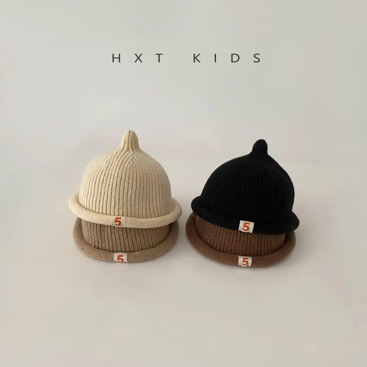 婴儿毛线帽洋气卷边小标奶嘴帽子婴幼儿宝宝秋冬韩版洋气针织帽潮