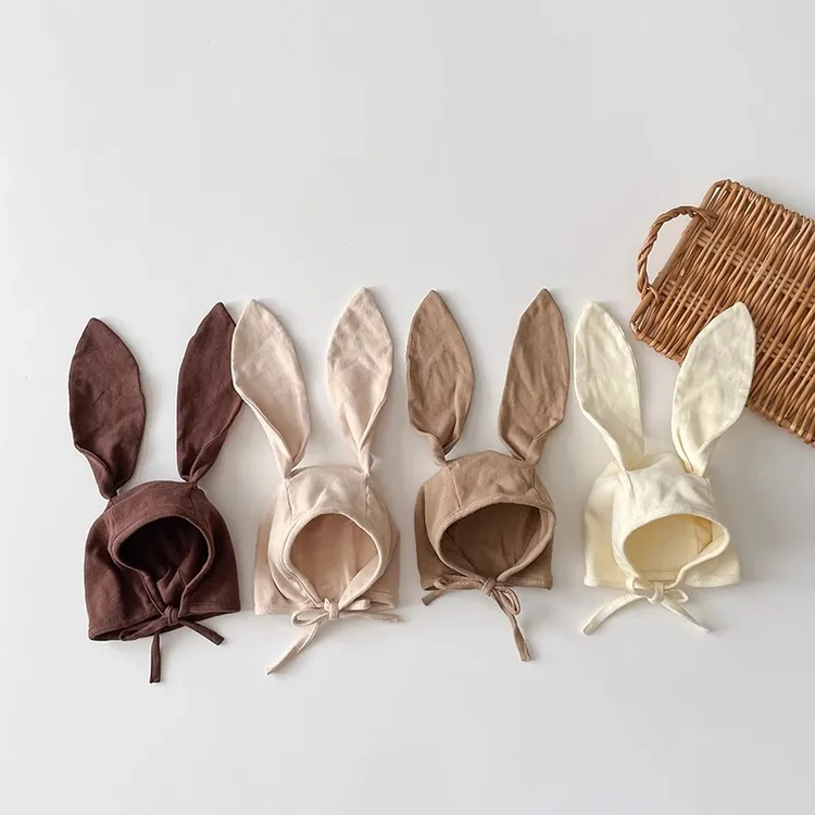 婴儿帽子春秋棉质新生宝宝系带护耳套头帽ins网红可爱兔耳朵胎帽