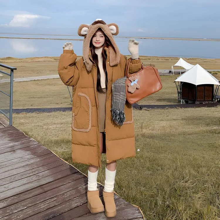 可爱咖色羽绒服女中长款2025冬季新款甜美减龄小熊连帽外套网红款