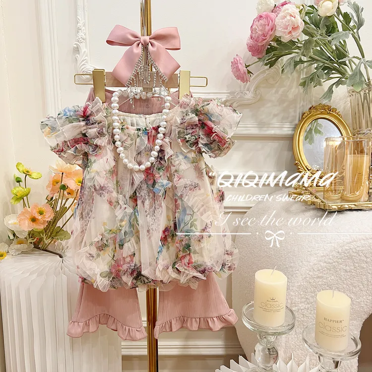 【QI奇妈】儿童碎花蕾丝花边无袖背心上衣纯色国风微喇裤套装 Q0058