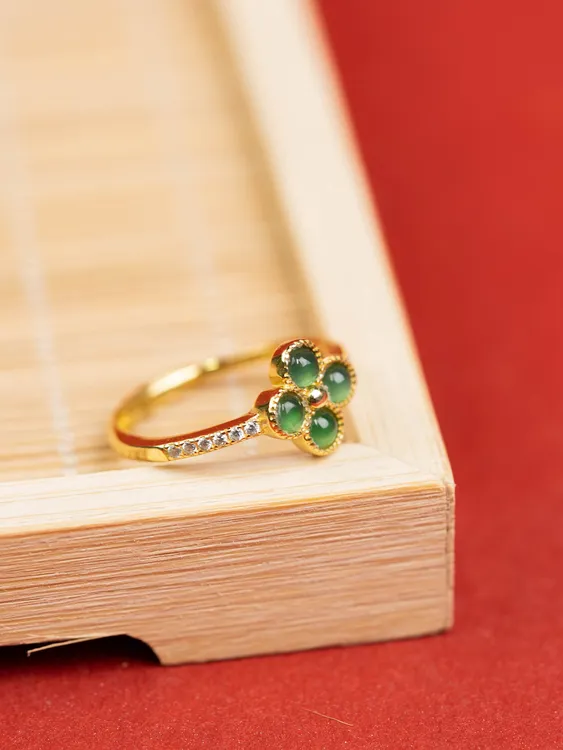 【甄翠集】天然翡翠A货戒指S925银4个蛋面戒指四叶草开口戒