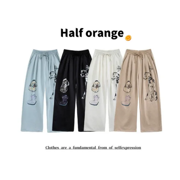 复古小狗涂鸦设计宽松休闲裤女2024新款夏季慵懒凉凉裤阔腿拖地裤