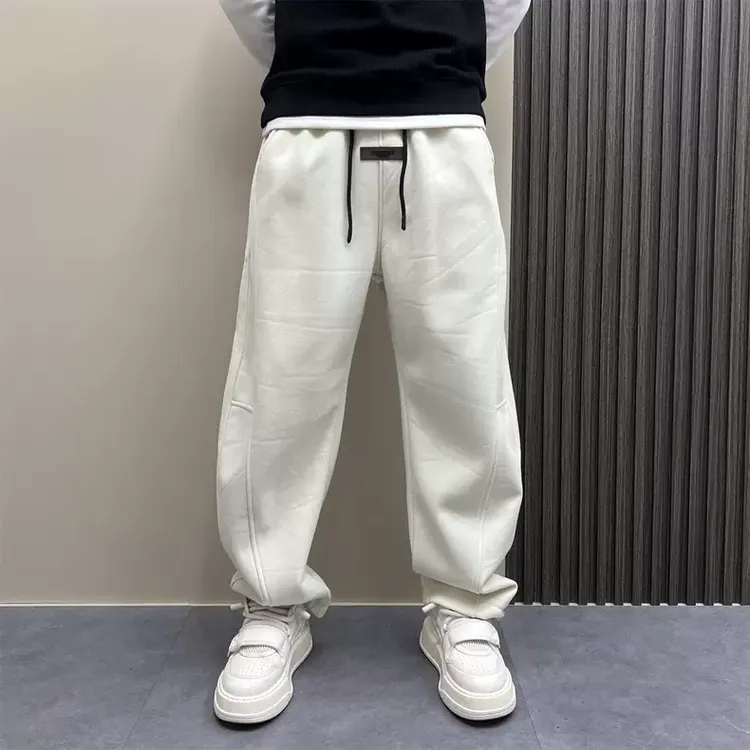 秋冬休闲痞帅宽松阔腿弯刀运动裤男潮牌高端粉色加绒卫裤百搭长裤