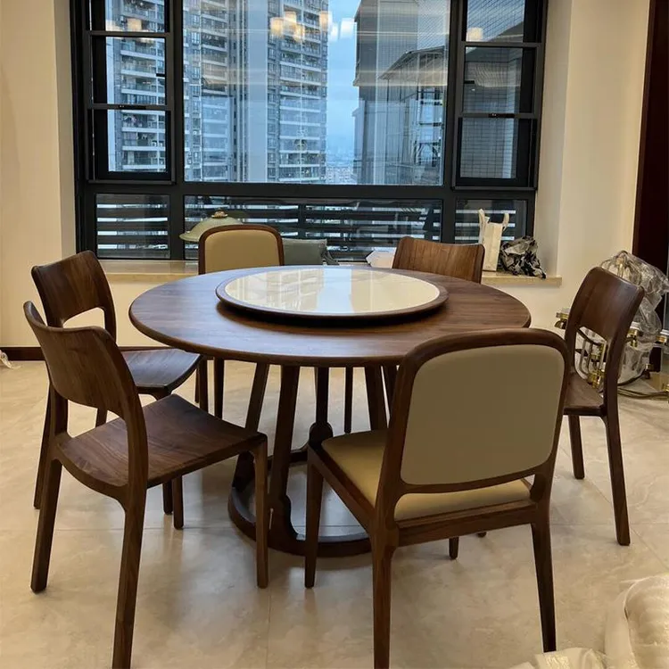新中式北美黑胡桃木实木餐桌客厅圆形饭桌家用带转盘餐桌家具定制