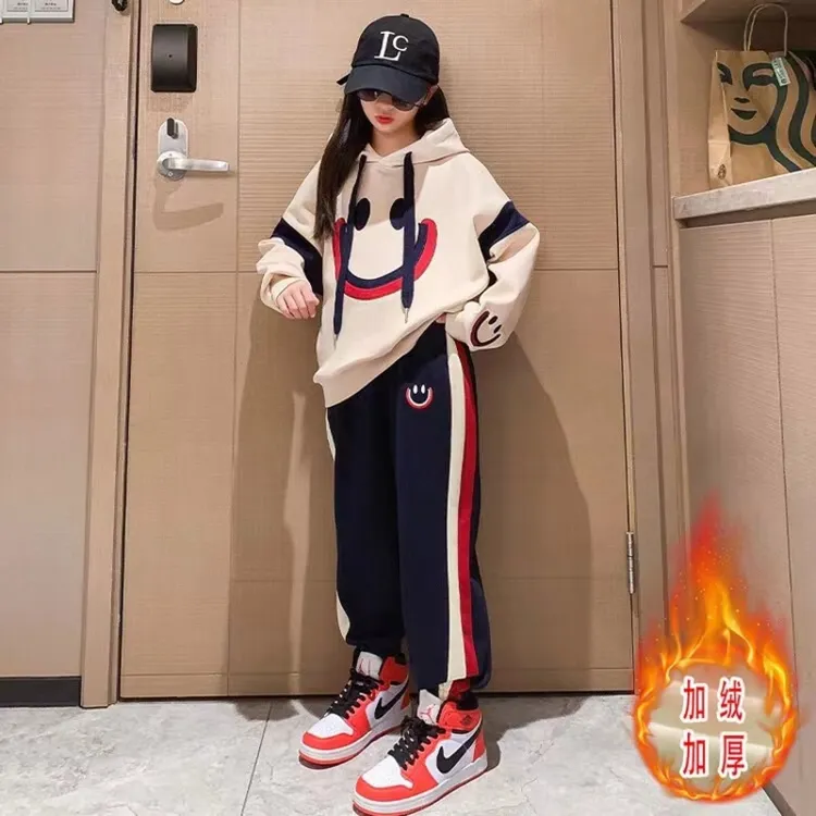 女童连帽卫衣卫裤加绒加厚套装宽松新款女大童秋冬韩版休闲运动服