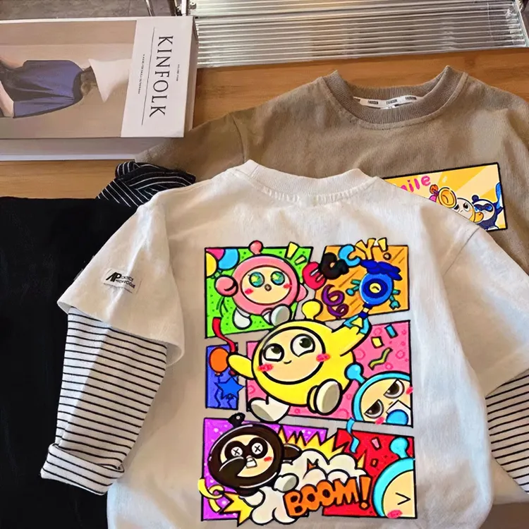 100%纯棉儿童春秋季长袖T恤2025新款宝宝假两件时髦上衣休闲打底