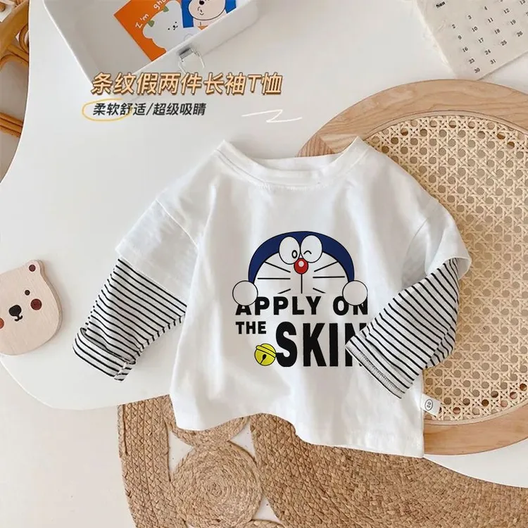 纯棉男女童假两件长袖T恤春秋季2025儿童条纹卡通印花上衣打底衫
