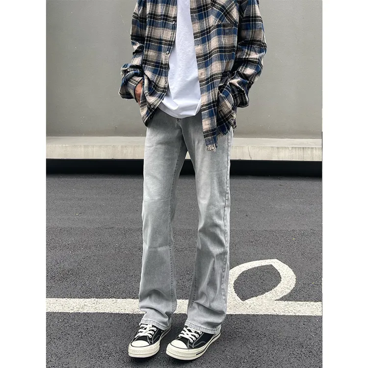 烟灰色517牛仔裤男春秋显瘦修身美式高街vibe裤子直筒微喇弯刀裤