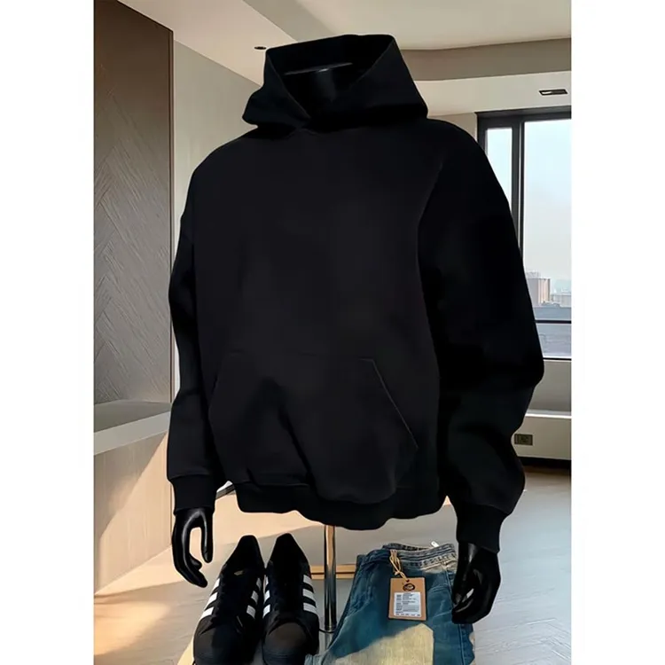 纯黑色cleanfit连帽卫衣男款秋冬重磅硬挺美式boxy帽衫内搭外套