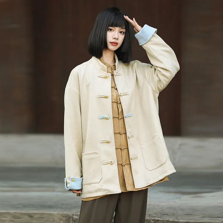 新中式唐装仿鹿皮绒夹克拼色四叶草金属扣立领上衣加厚国风外套男