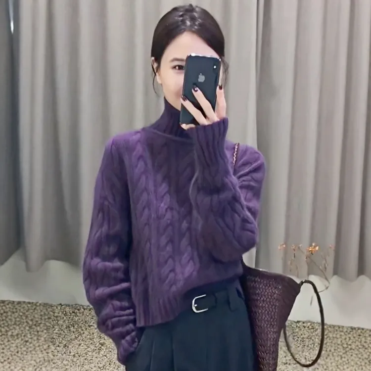 葡萄紫麻花高领套头毛衣女秋冬季2025新款宽松百搭短款针织衫上衣