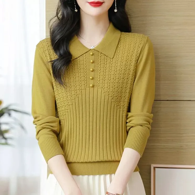 钉珠翻领减龄针织衫毛衣女秋季新款洋气宽松妈妈毛衫大码打底上衣